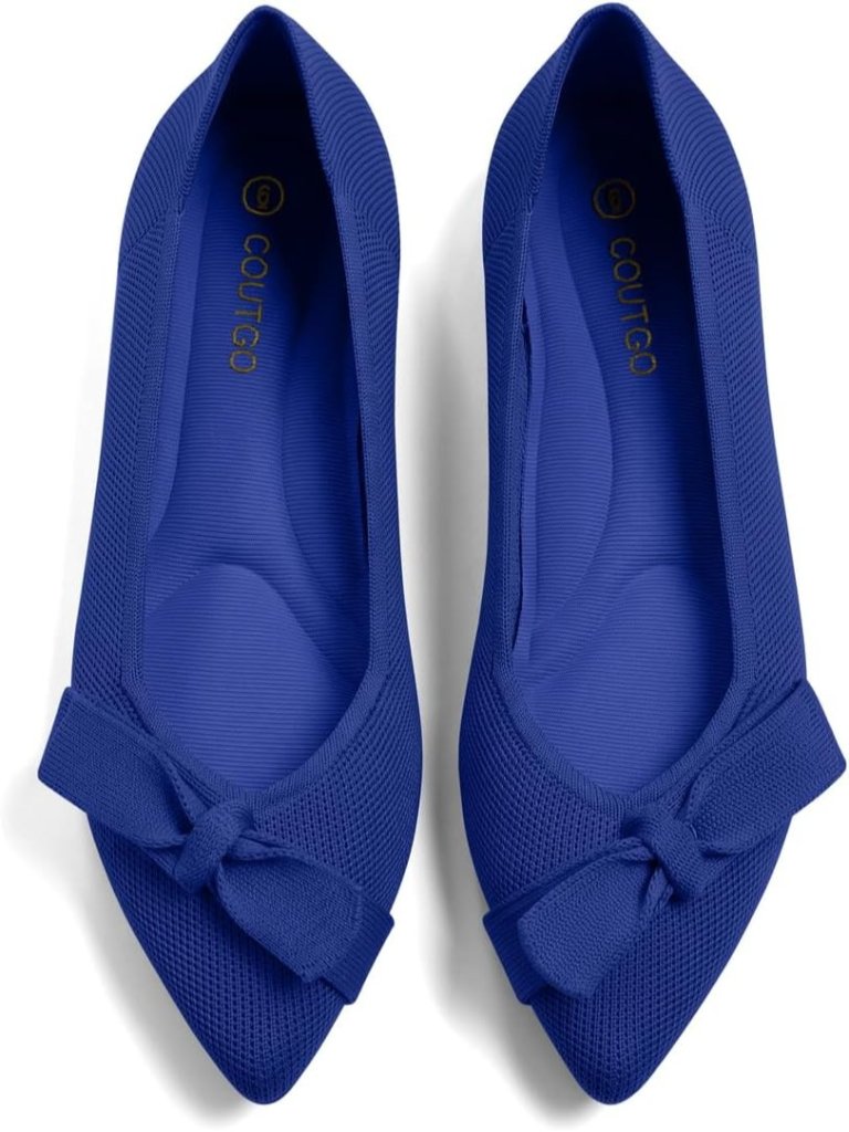 Women's Navy Knit Comfortable Pointed Toe Bow Casual Ballet Flats For Work